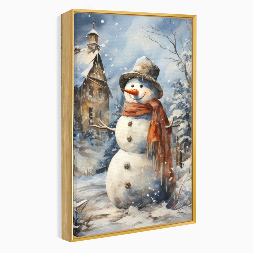 Tablou canvas cu tablou canvas cu om de zapada, in rama de aluminiu auriu